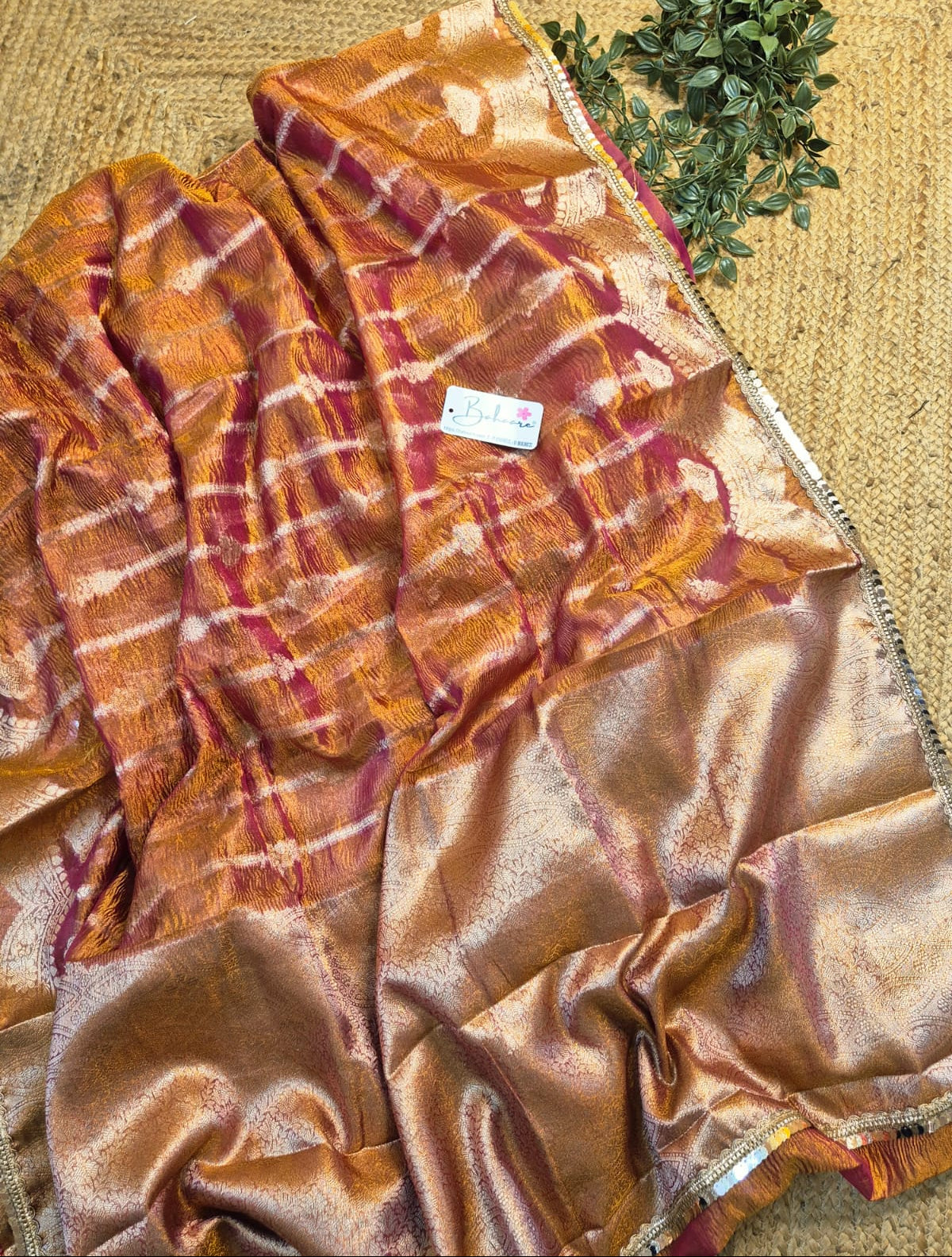 Utsav | Orange and Rani Pink Dual Tone Crushed Tissue Saree with Lace