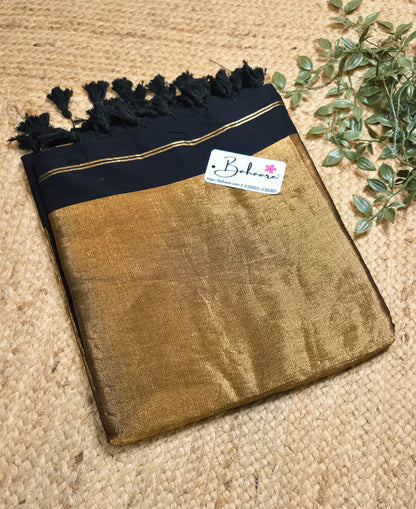 Cotton Galleria | Night Black Acrylic Cotton Saree with Zari Pallu