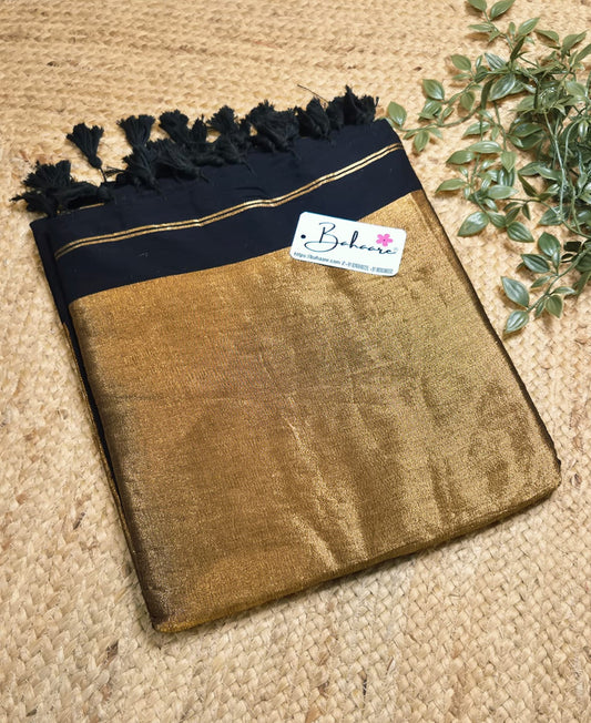 Cotton Galleria | Night Black Acrylic Cotton Saree with Zari Pallu