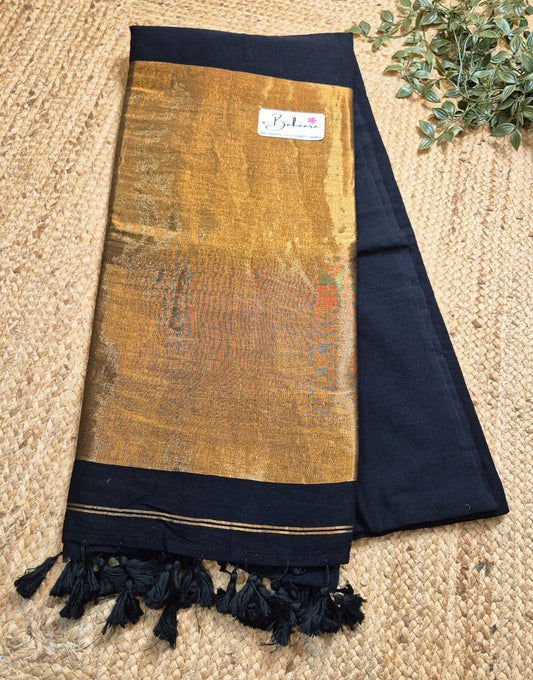 Cotton Galleria | Night Black Acrylic Cotton Saree with Zari Pallu