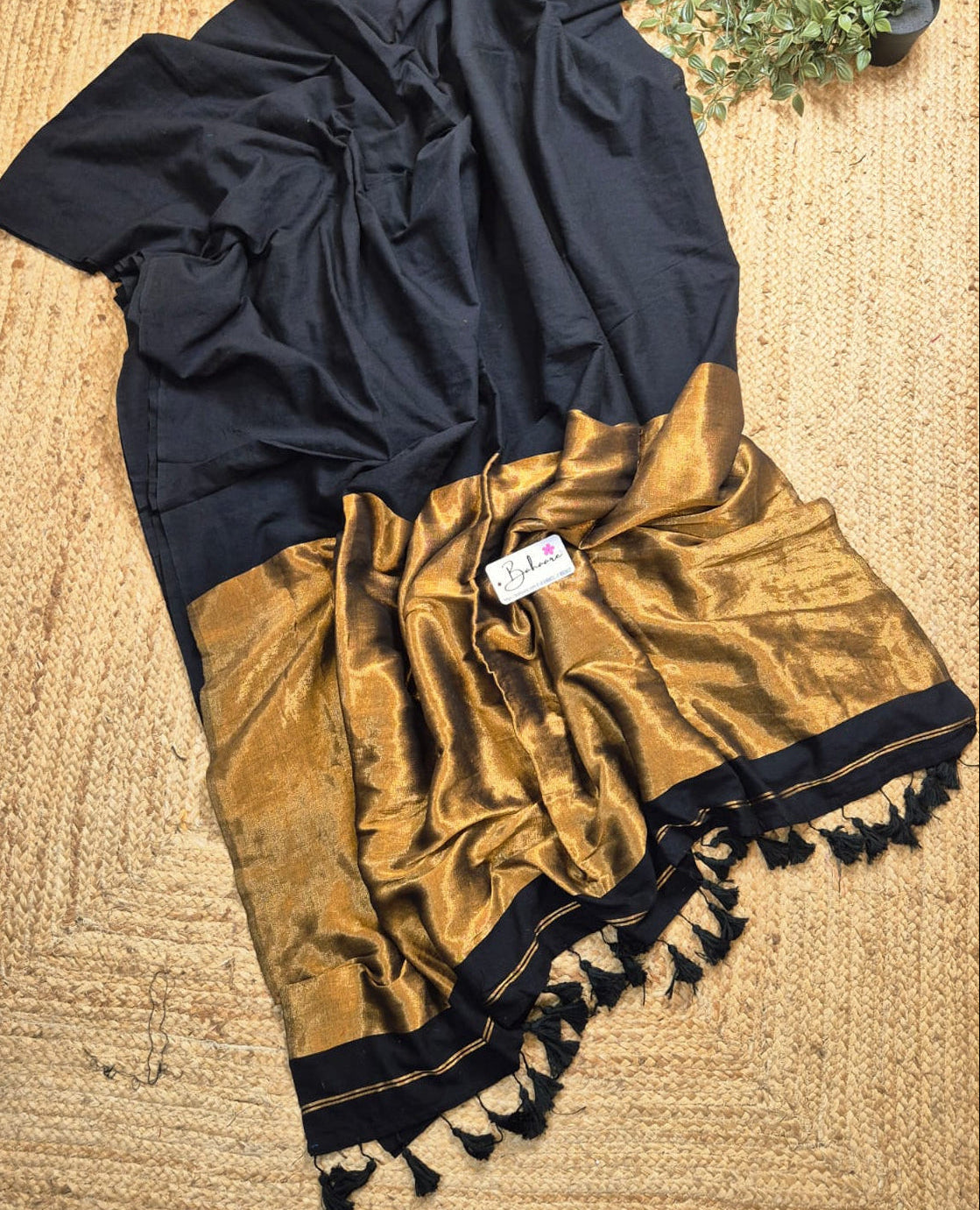 Cotton Galleria | Night Black Acrylic Cotton Saree with Zari Pallu