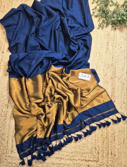 Cotton Galleria | Midnight Blue Acrylic Cotton Saree with Zari Pallu