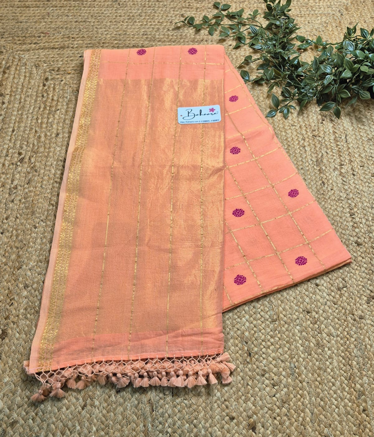 Cotton Galleria | Peach Hand Woven Premium Cotton Saree with Floral Buti
