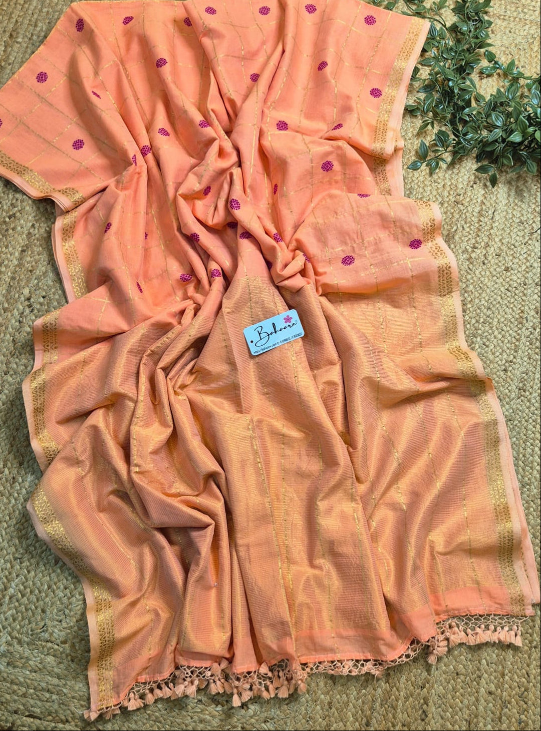 Cotton Galleria | Peach Hand Woven Premium Cotton Saree with Floral Buti