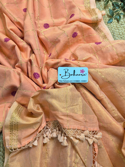 Cotton Galleria | Peach Hand Woven Premium Cotton Saree with Floral Buti