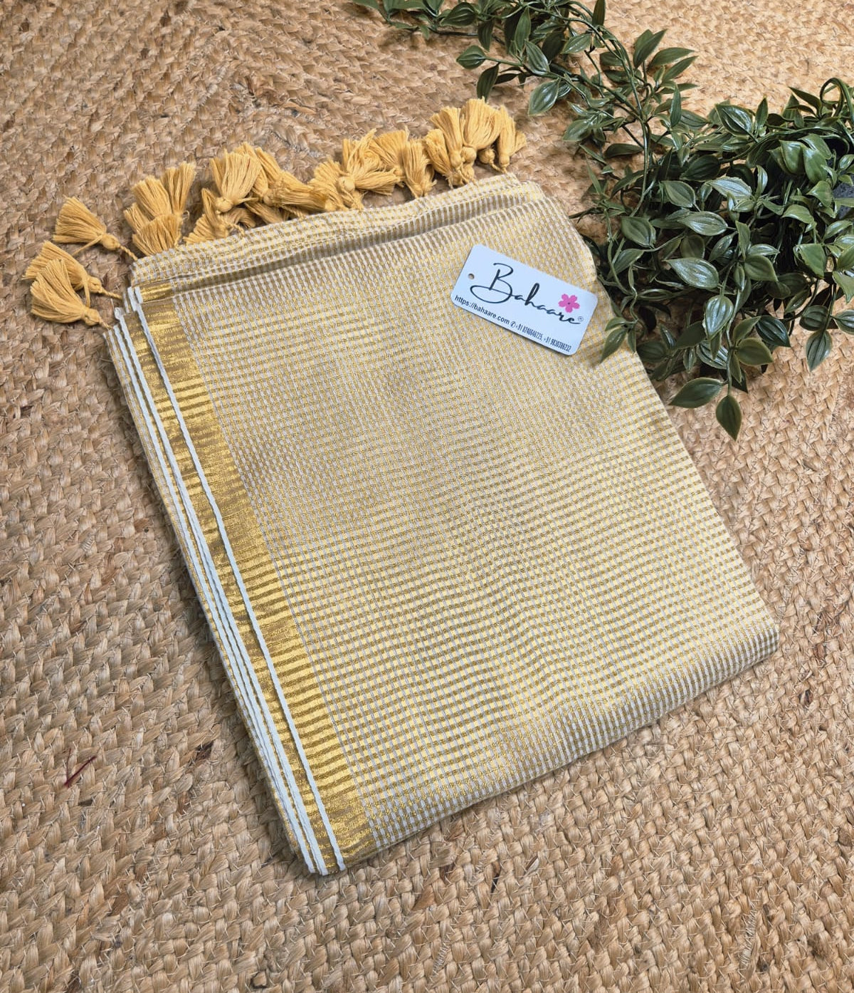 Noor | Off White Mul Mul Cotton Saree with Golden Zari Check