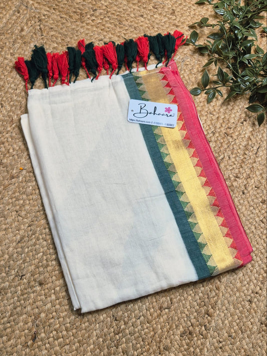 Mohini | Off White Mul Mul Cotton Saree with Multicoloured Border