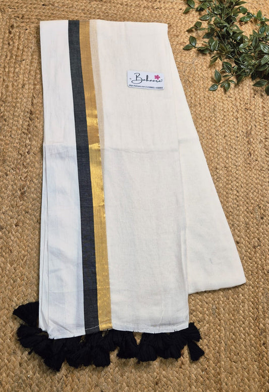 Mohini | Stylish White Mul Mul Cotton Saree with Golden and Black Border