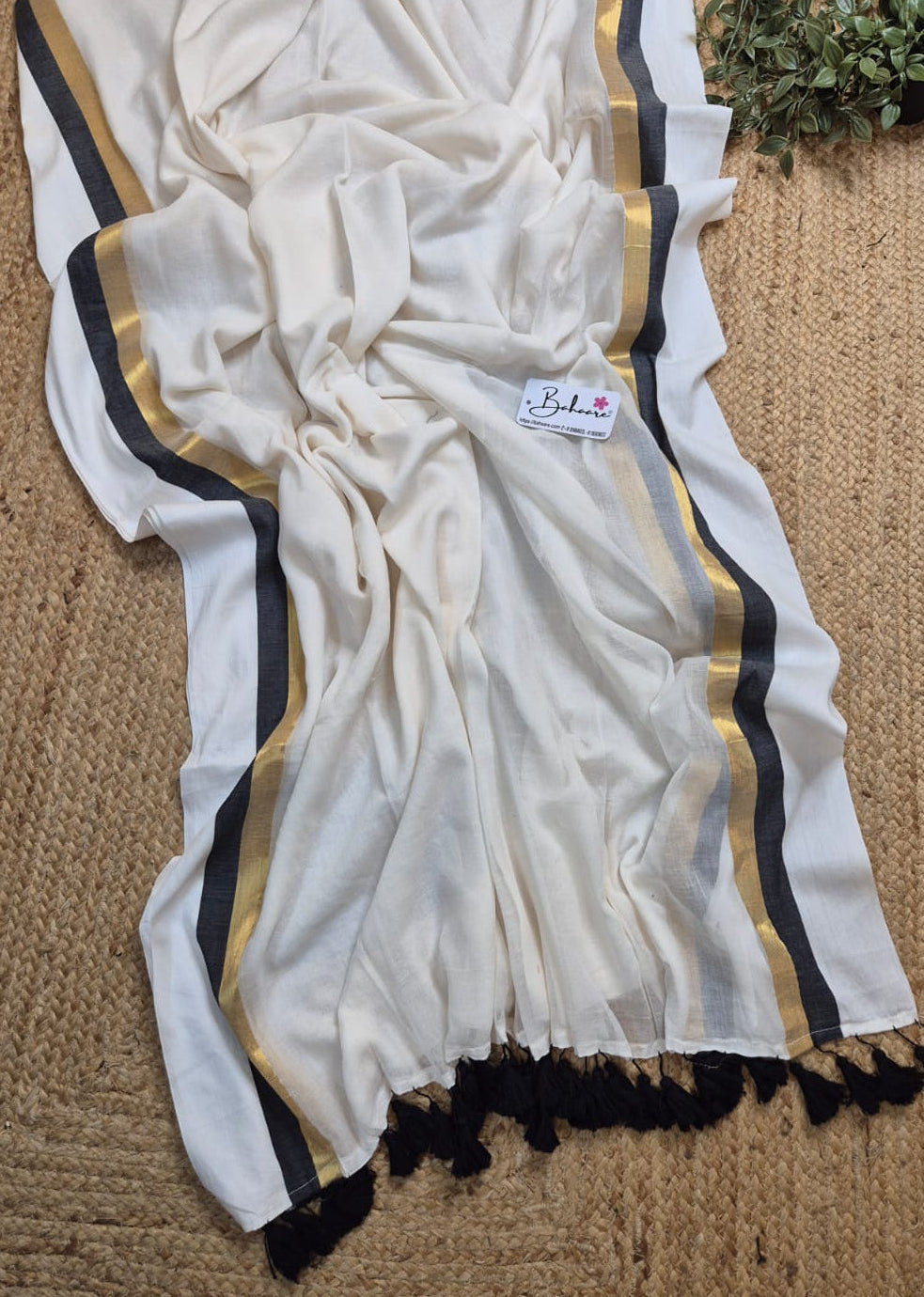 Mohini | Stylish White Mul Mul Cotton Saree with Golden and Black Border