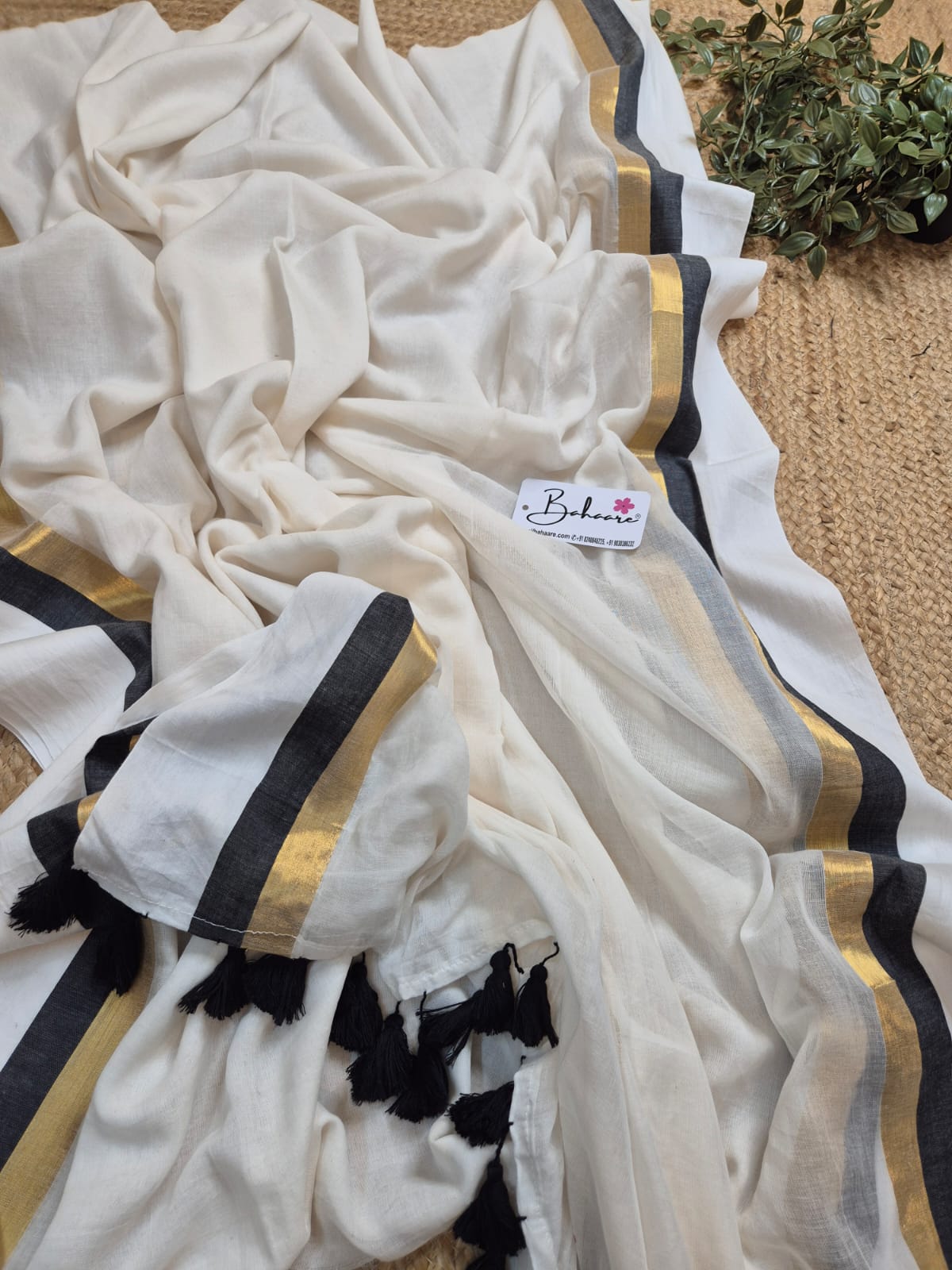 Mohini | Stylish White Mul Mul Cotton Saree with Golden and Black Border