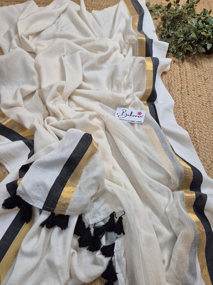 Mohini | Stylish White Mul Mul Cotton Saree with Golden and Black Border