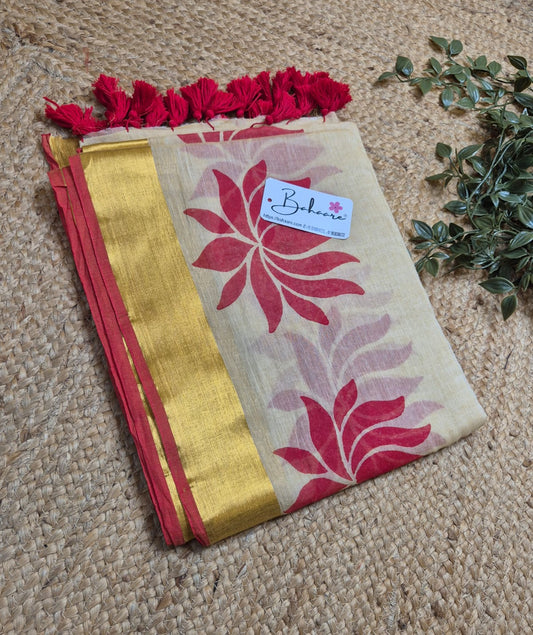 Noor | Beige Mul Mul Cotton Saree with Red Lotus Motif