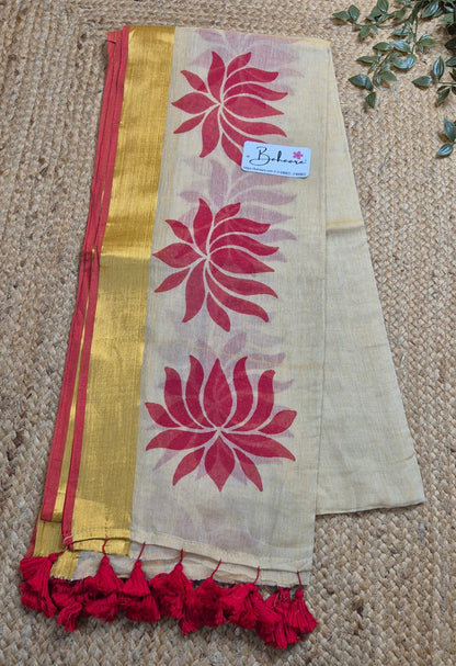 Noor | Beige Mul Mul Cotton Saree with Red Lotus Motif