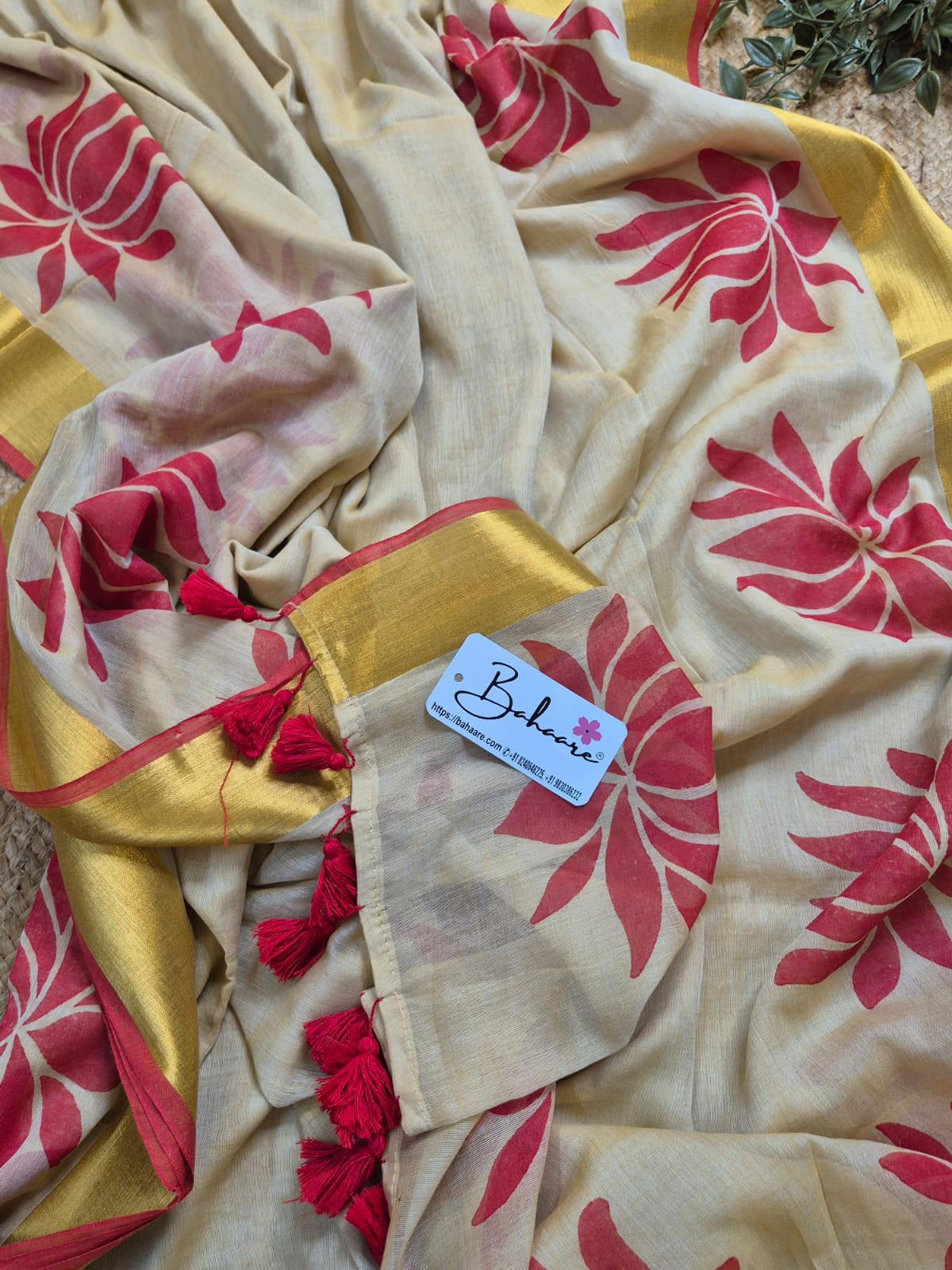 Noor | Beige Mul Mul Cotton Saree with Red Lotus Motif