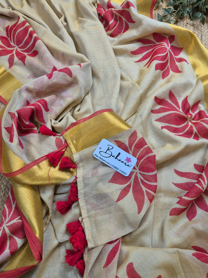 Noor | Beige Mul Mul Cotton Saree with Red Lotus Motif