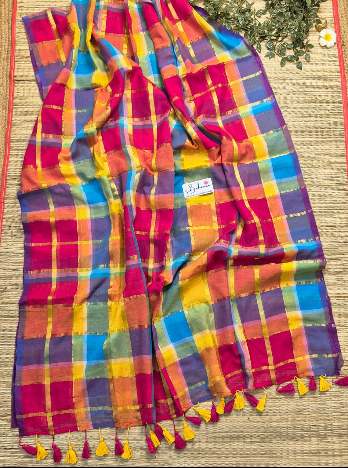 Mohini | Orange Firoza Multicoloured Mul Mul Cotton Saree with Zari Check Border
