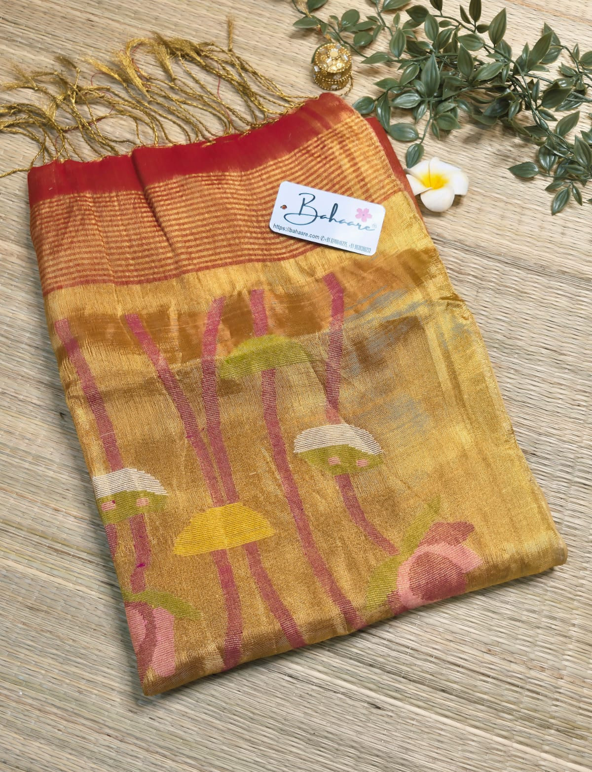 Springtime Serenity | Molten Red Tissue Linen Saree with Paithani Motif