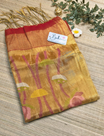 Springtime Serenity | Molten Red Tissue Linen Saree with Paithani Motif