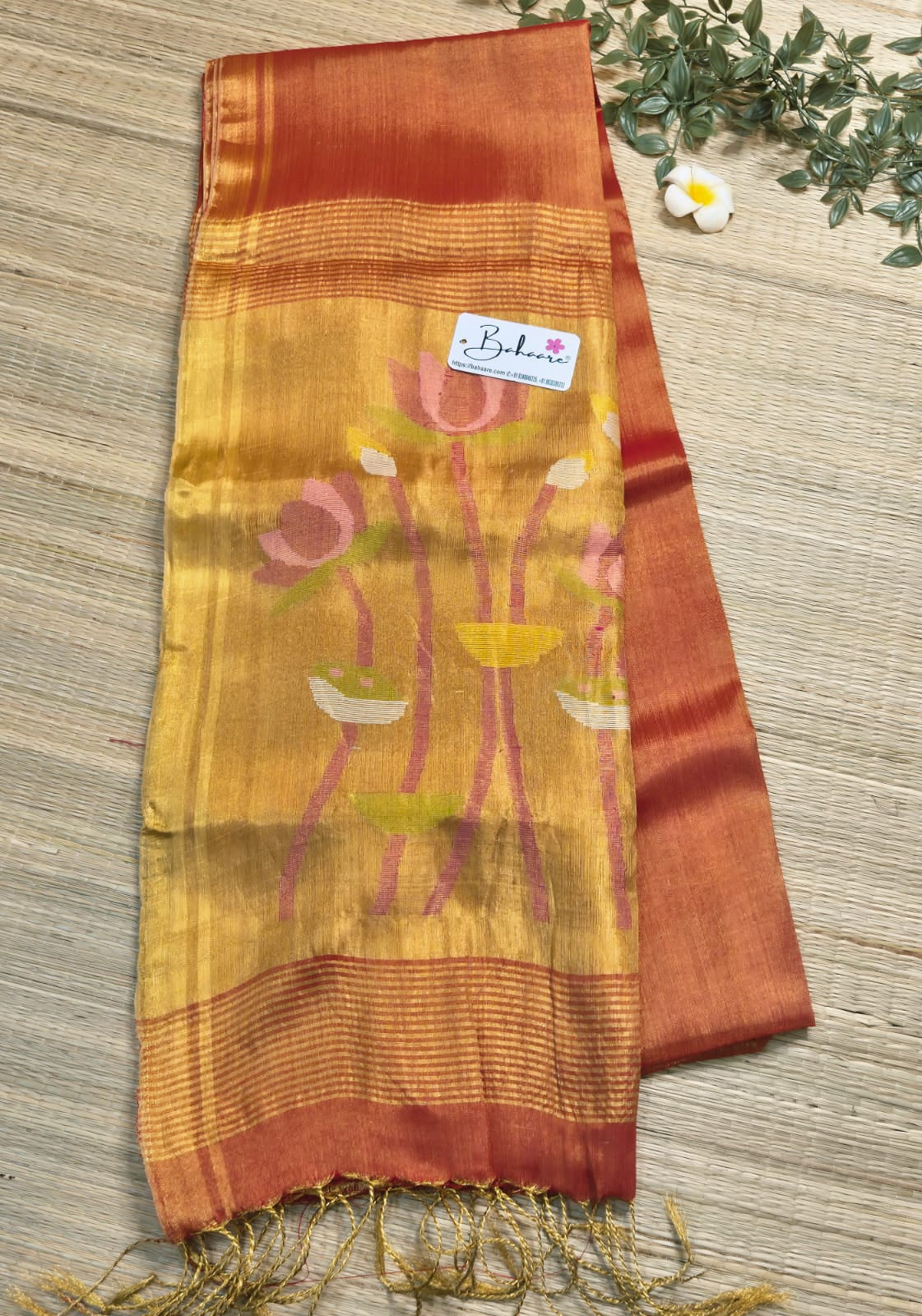 Springtime Serenity | Molten Red Tissue Linen Saree with Paithani Motif