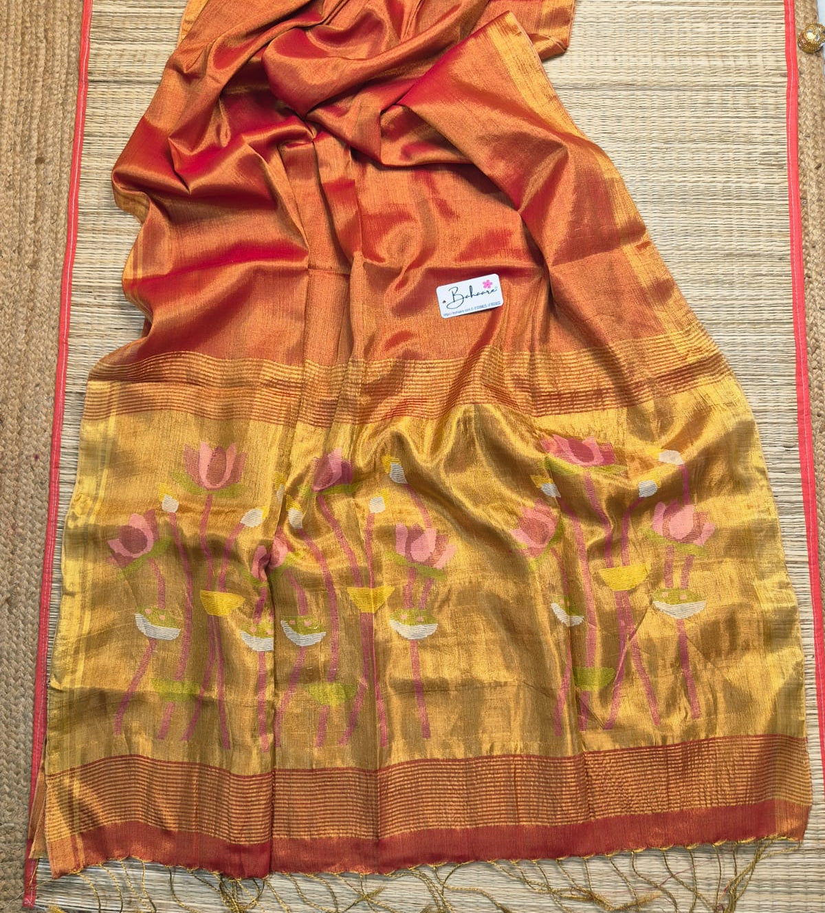 Springtime Serenity | Molten Red Tissue Linen Saree with Paithani Motif