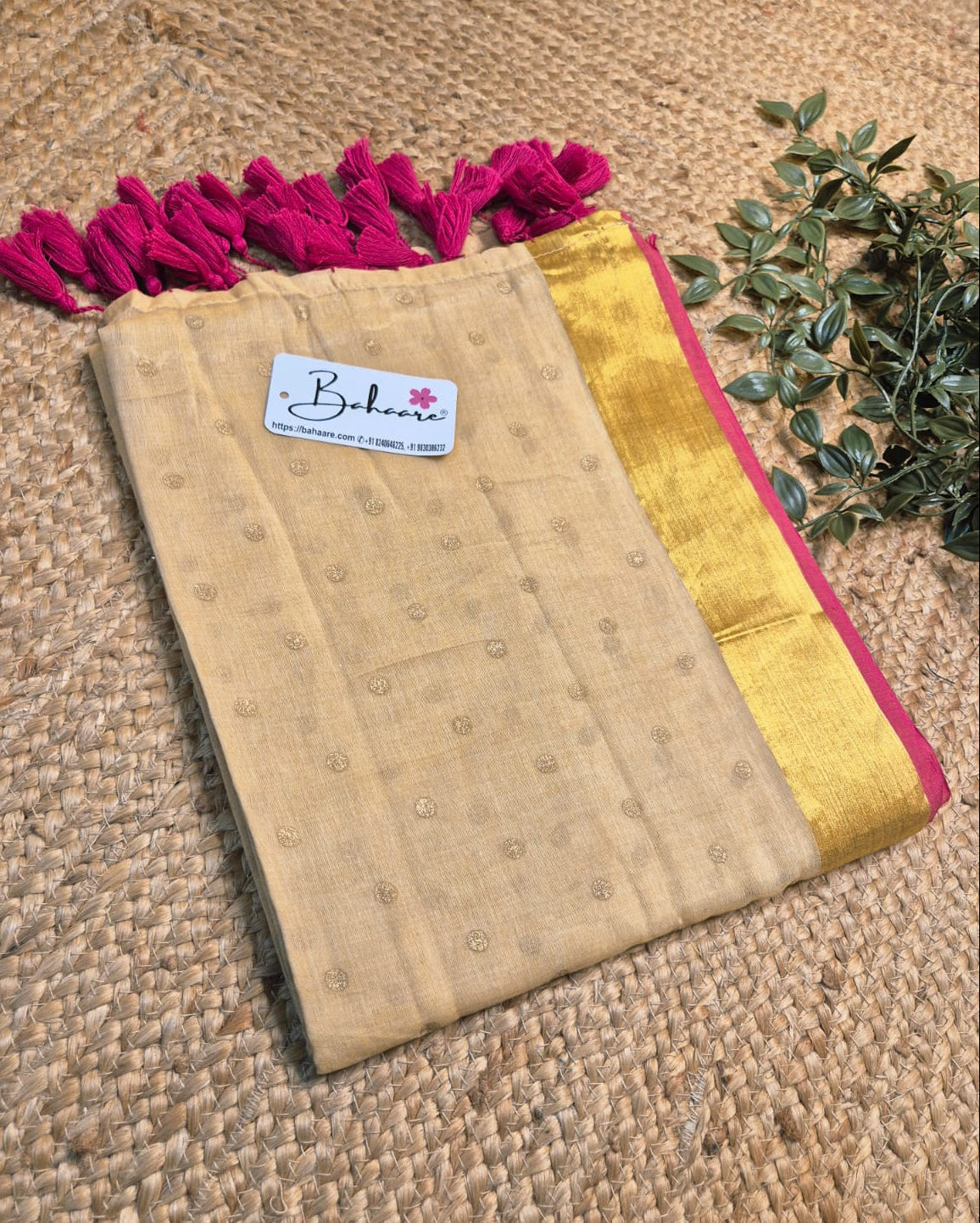 Polka Passion | Ivory Beige Mul Mul Cotton Polka Dots Saree with Golgen Zari and Rani Pink Border