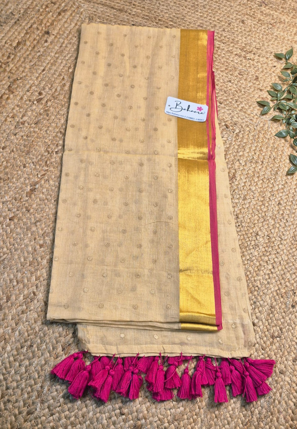 Polka Passion | Ivory Beige Mul Mul Cotton Polka Dots Saree with Golgen Zari and Rani Pink Border