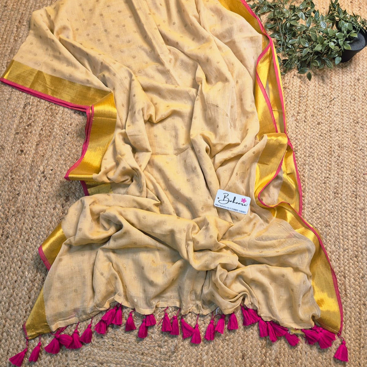 Polka Passion | Ivory Beige Mul Mul Cotton Polka Dots Saree with Golgen Zari and Rani Pink Border