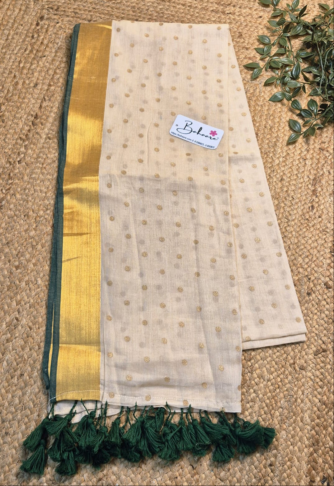 Polka Passion | Handcrafted Beige Mul Mul Cotton Polka Dots Saree with Golgen Zari and Green Border