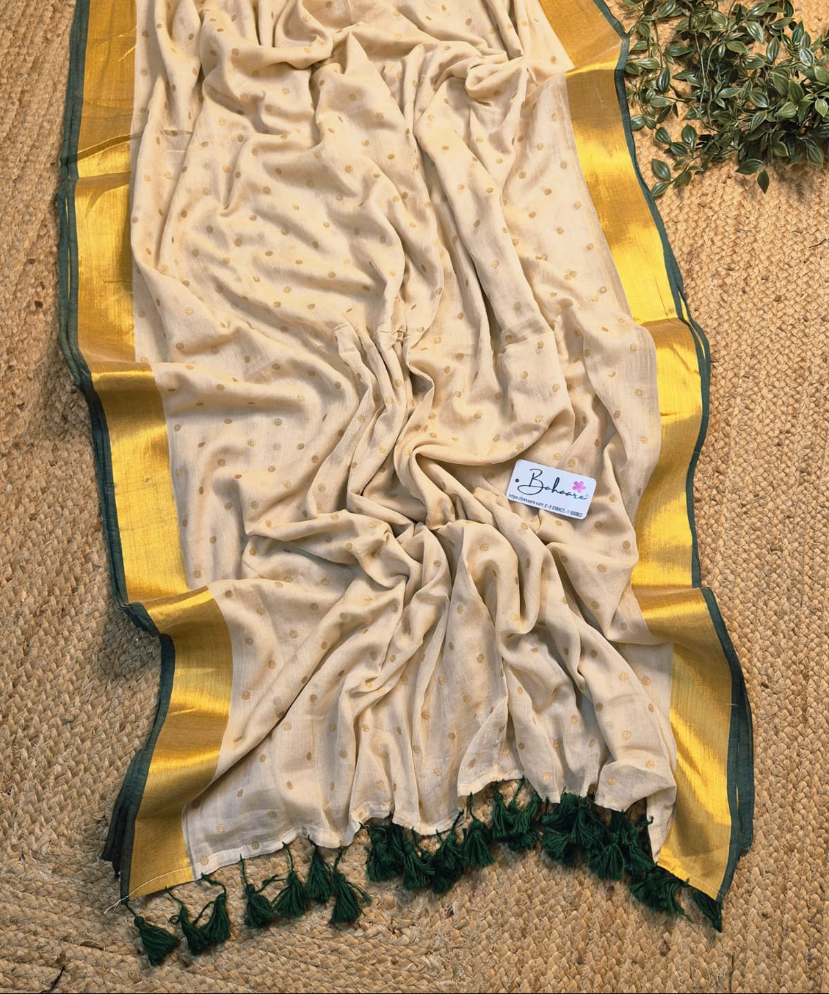 Polka Passion | Handcrafted Beige Mul Mul Cotton Polka Dots Saree with Golgen Zari and Green Border