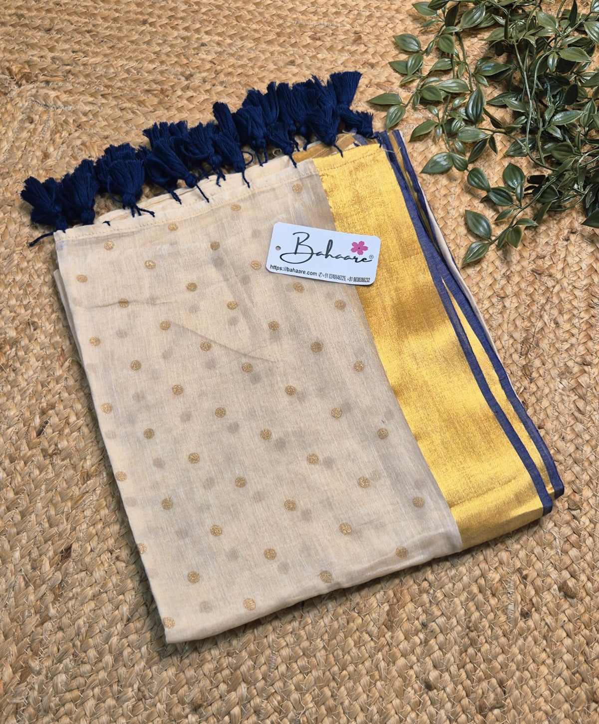 Polka Passion | Soft Beige Mul Mul Cotton Polka Dots Saree with Golgen Zari and Blue Border