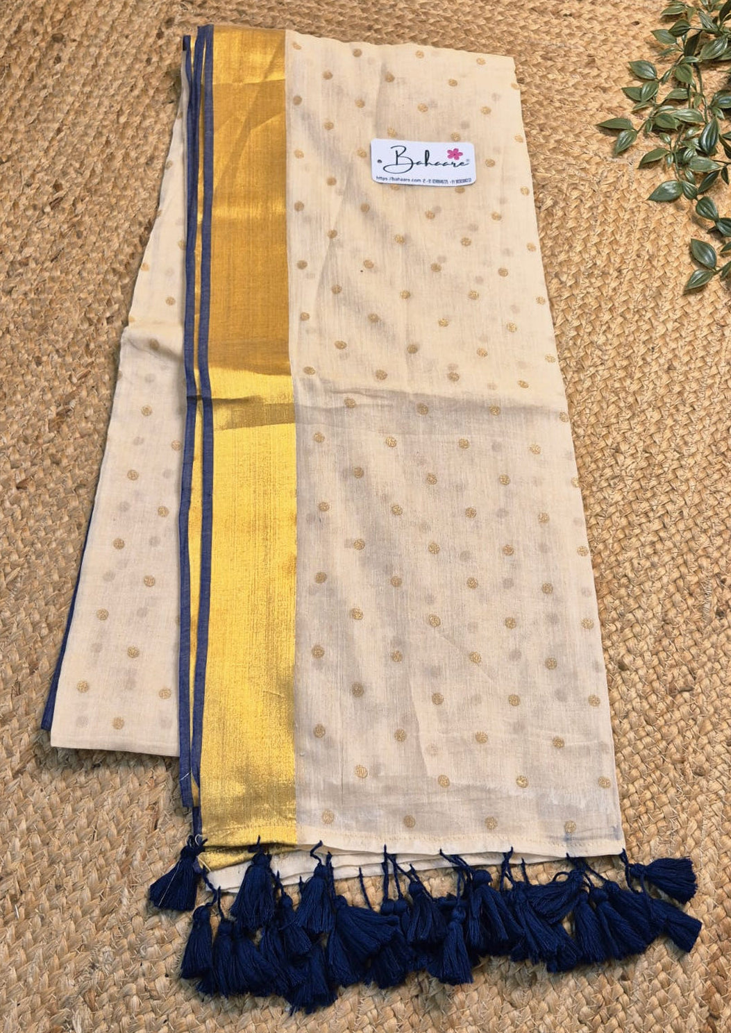 Polka Passion | Soft Beige Mul Mul Cotton Polka Dots Saree with Golgen Zari and Blue Border