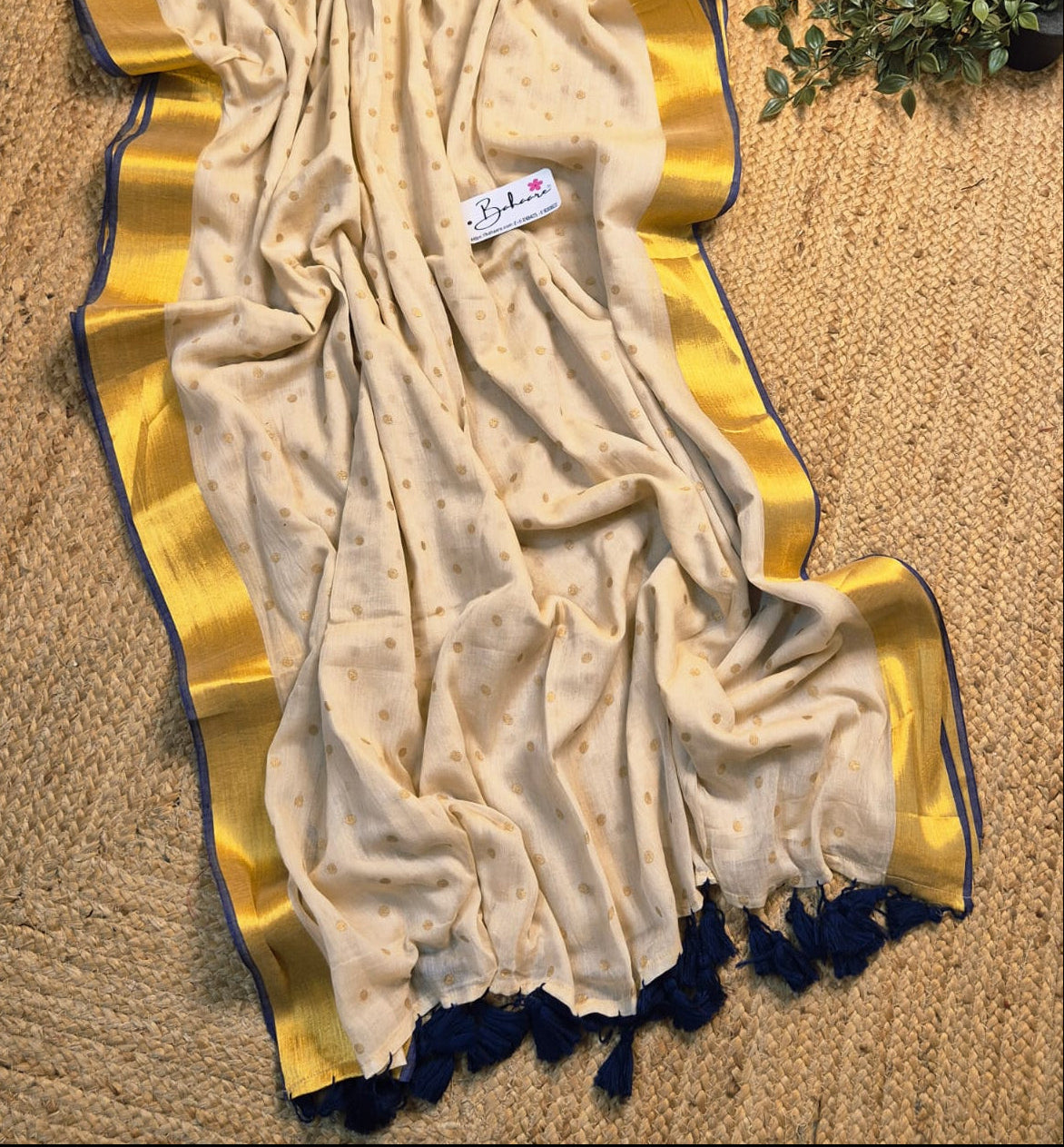 Polka Passion | Soft Beige Mul Mul Cotton Polka Dots Saree with Golgen Zari and Blue Border