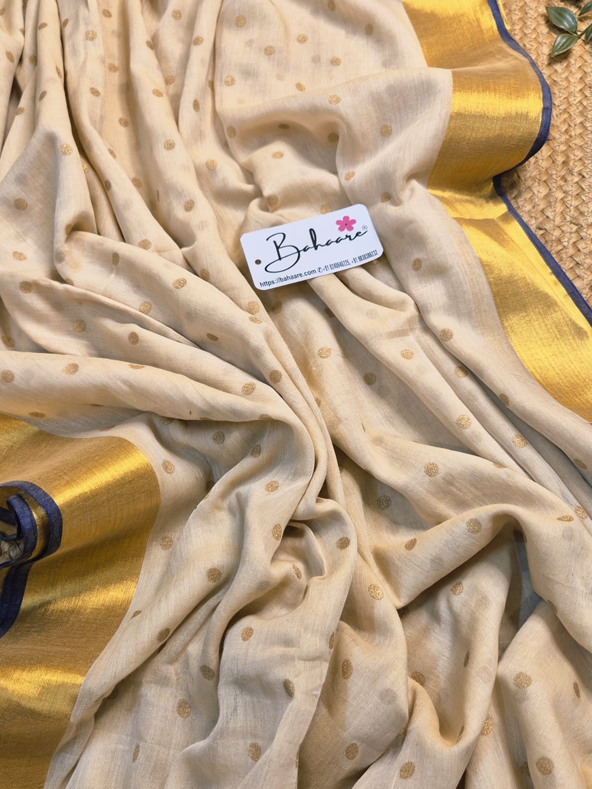 Polka Passion | Soft Beige Mul Mul Cotton Polka Dots Saree with Golgen Zari and Blue Border