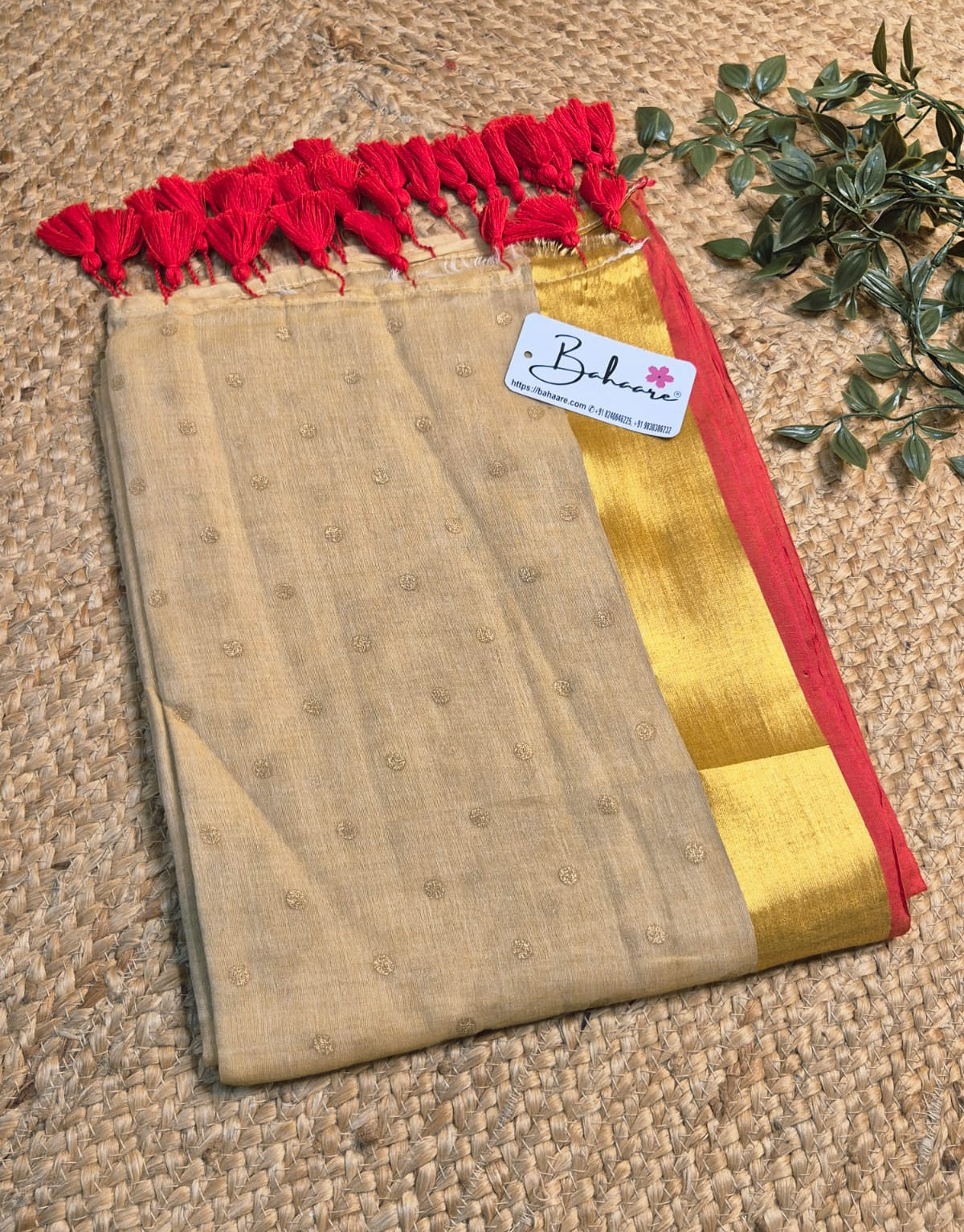 Polka Passion | Classic Beige Mul Mul Cotton Polka Dots Saree with Golgen Zari and Red Border
