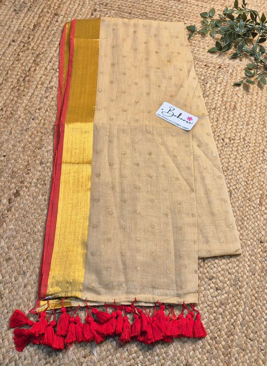 Polka Passion | Classic Beige Mul Mul Cotton Polka Dots Saree with Golgen Zari and Red Border
