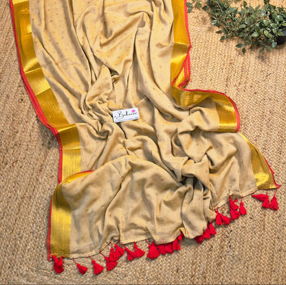 Polka Passion | Classic Beige Mul Mul Cotton Polka Dots Saree with Golgen Zari and Red Border