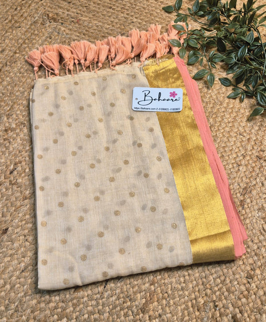 Polka Passion | Elegant Beige Mul Mul Cotton Polka Dots Saree with Golgen Zari and Peach Border