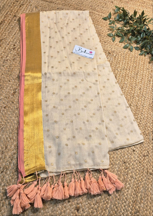 Polka Passion | Elegant Beige Mul Mul Cotton Polka Dots Saree with Golgen Zari and Peach Border