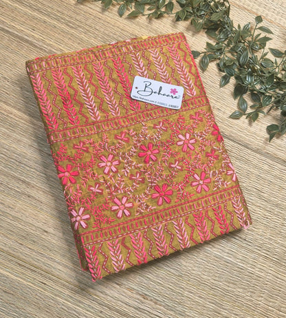 Cotton Galleria | Mustard Yellow Phulkari Hand Embroidery Chanderi Cotton-Silk Saree