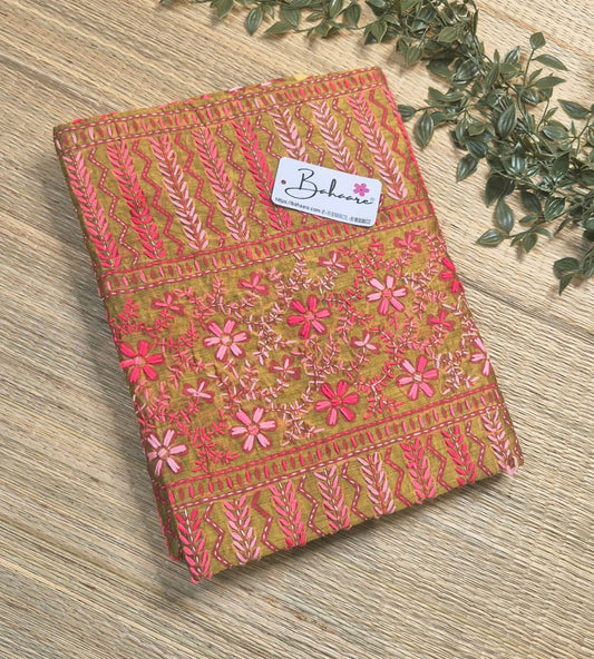 Cotton Galleria | Mustard Yellow Phulkari Hand Embroidery Chanderi Cotton-Silk Saree