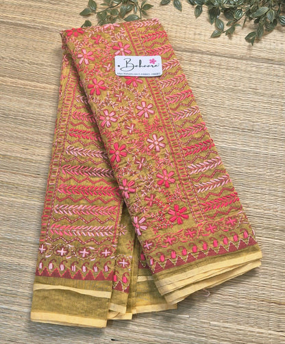 Cotton Galleria | Mustard Yellow Phulkari Hand Embroidery Chanderi Cotton-Silk Saree