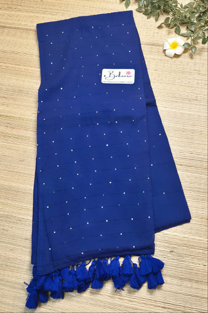 Shimmering Starlight | Navy Blue Sequin Mul Mul Cotton Saree