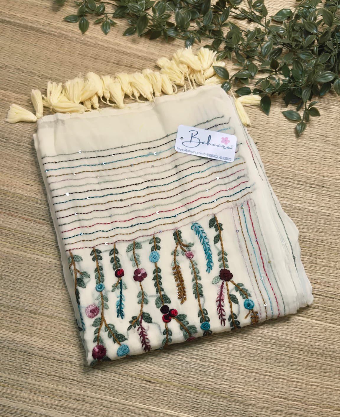 Mohini | Classic Beige Mul Mul Cotton Saree with Handcrafted Bullion Stich