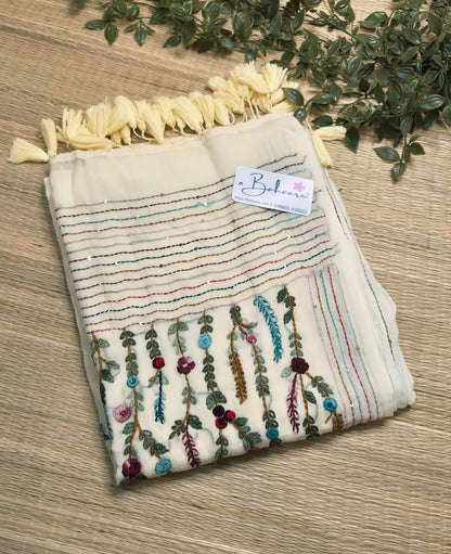 Mohini | Classic Beige Mul Mul Cotton Saree with Handcrafted Bullion Stich