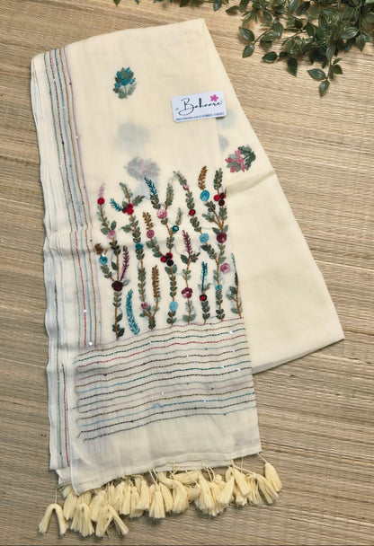 Mohini | Classic Beige Mul Mul Cotton Saree with Handcrafted Bullion Stich