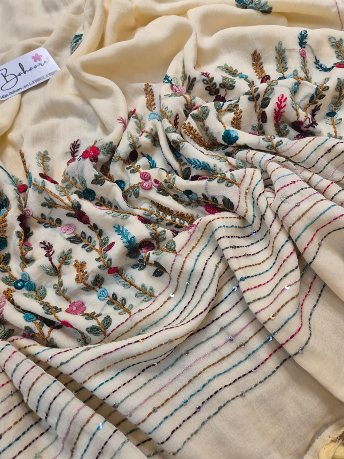 Mohini | Classic Beige Mul Mul Cotton Saree with Handcrafted Bullion Stich