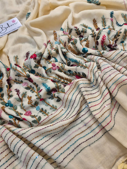 Mohini | Classic Beige Mul Mul Cotton Saree with Handcrafted Bullion Stich