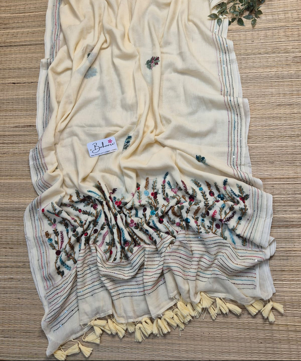 Mohini | Classic Beige Mul Mul Cotton Saree with Handcrafted Bullion Stich