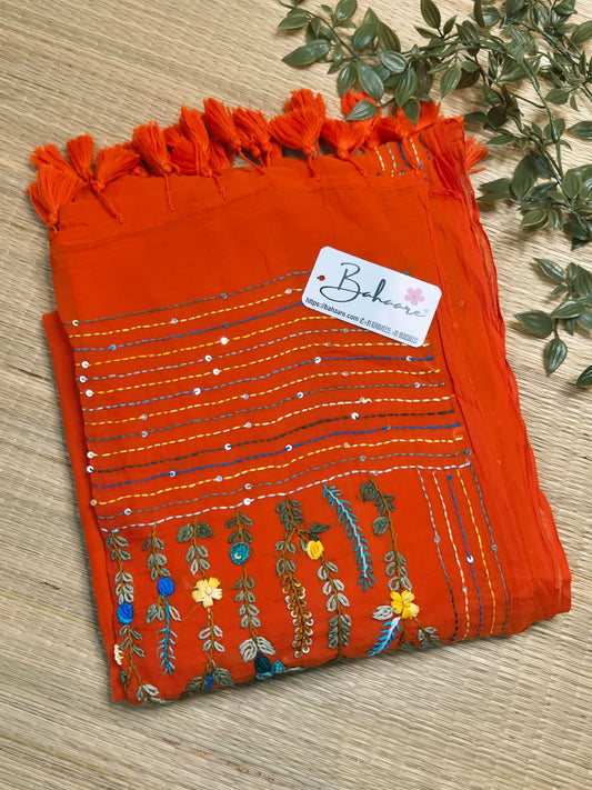 Mohini | Tangerine Orange Mul Mul Cotton Saree with Handcrafted Bullion Stich