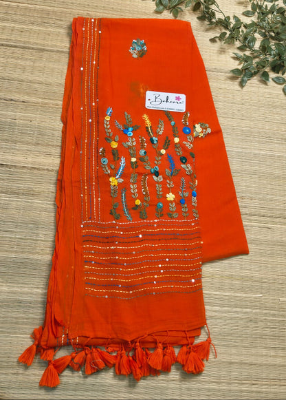 Mohini | Tangerine Orange Mul Mul Cotton Saree with Handcrafted Bullion Stich